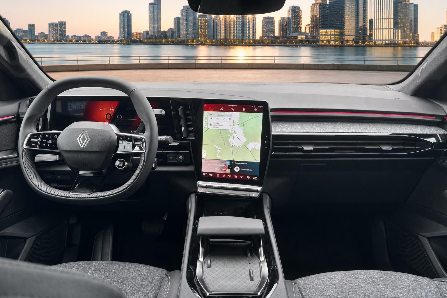 Renault Austral Cockpit-Ansicht mit digitalem Display, Touchscreen und Stadtpanorama