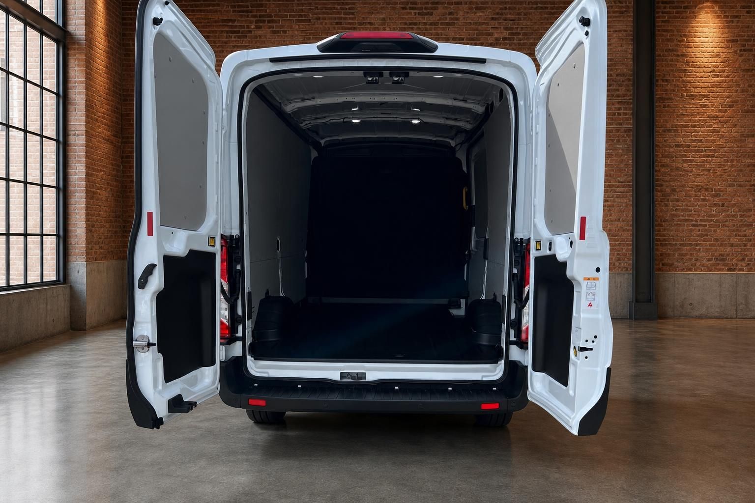 Ford Transit Laderaum mit geöffneten Hecktüren leer