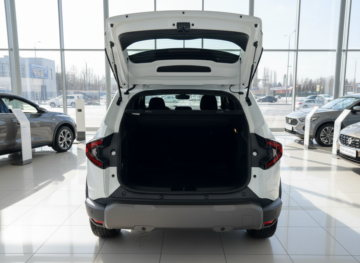 Weißes SUV mit geöffneter Heckklappe im Autohaus, leerer Kofferraum