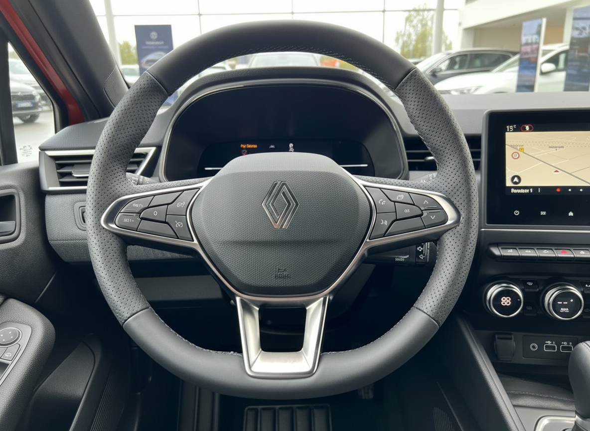Renault Innenraum Lenkrad mit Logo und Infotainment-Display Nahaufnahme