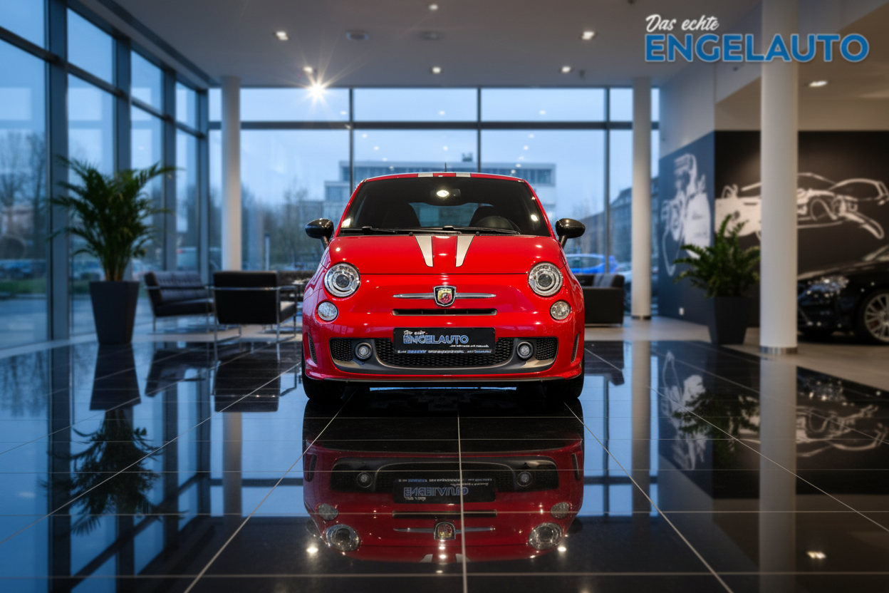 Roter Abarth 500 mit weißen Rallyestreifen im Showroom von Engelauto - Frontansicht des italienischen Sportwagens auf glänzendem Boden mit Spiegelung