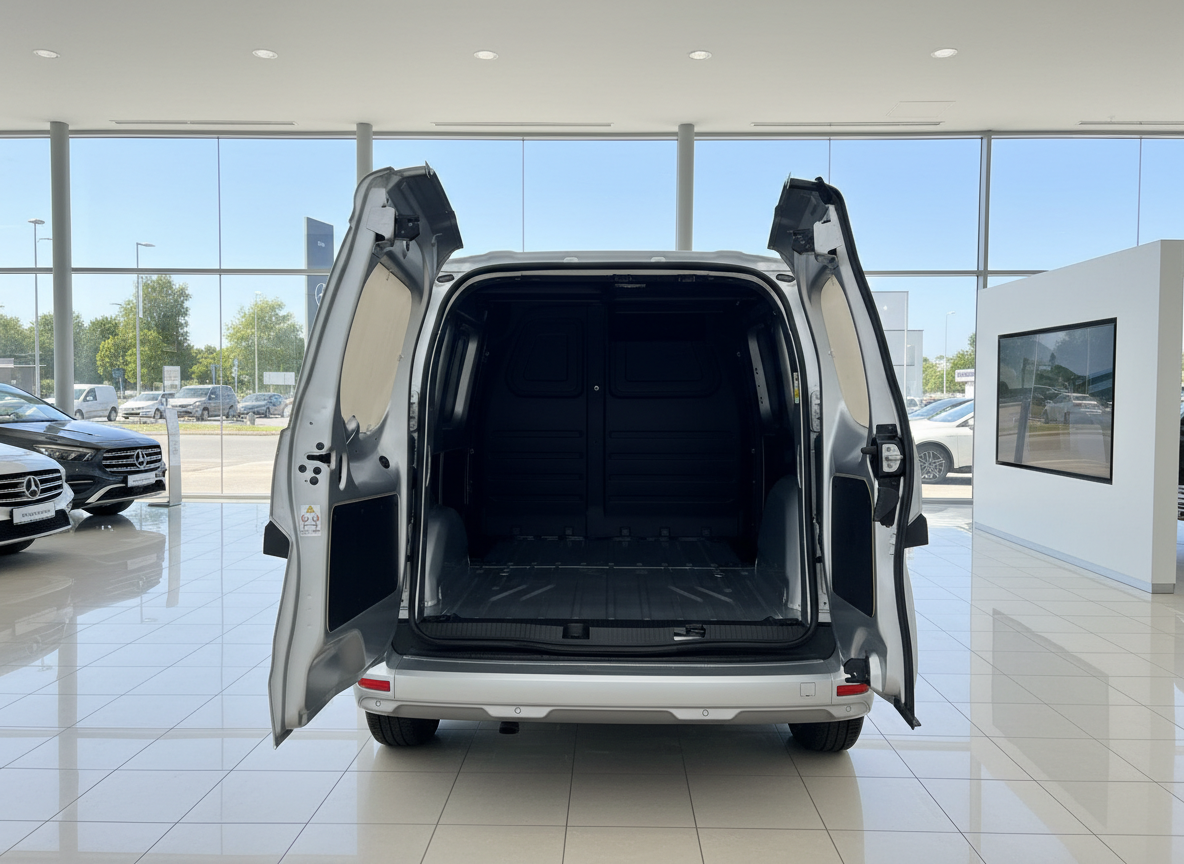 Volkswagen Caddy Cargo Laderaum geöffnet Heckansicht silber im Autohaus