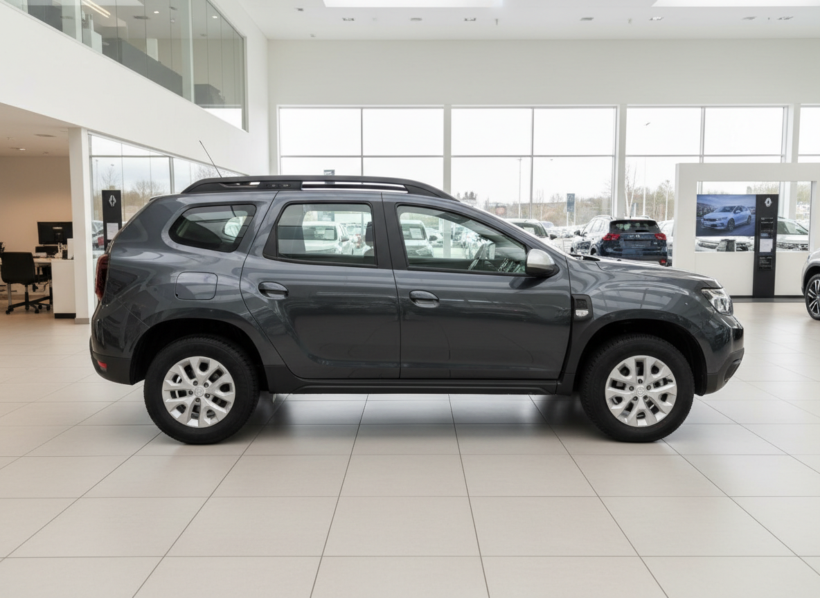 Dacia Duster SUV in Grau – Seitenansicht im Autohaus-Showroom