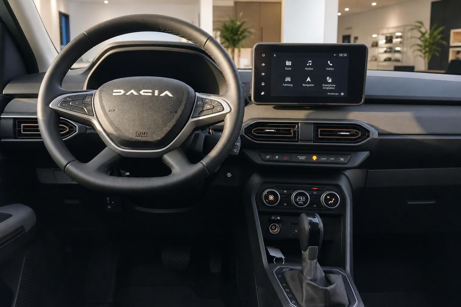 Dacia Armaturenbrett mit Lenkrad, Touchscreen-Display und modernem Cockpit-Design