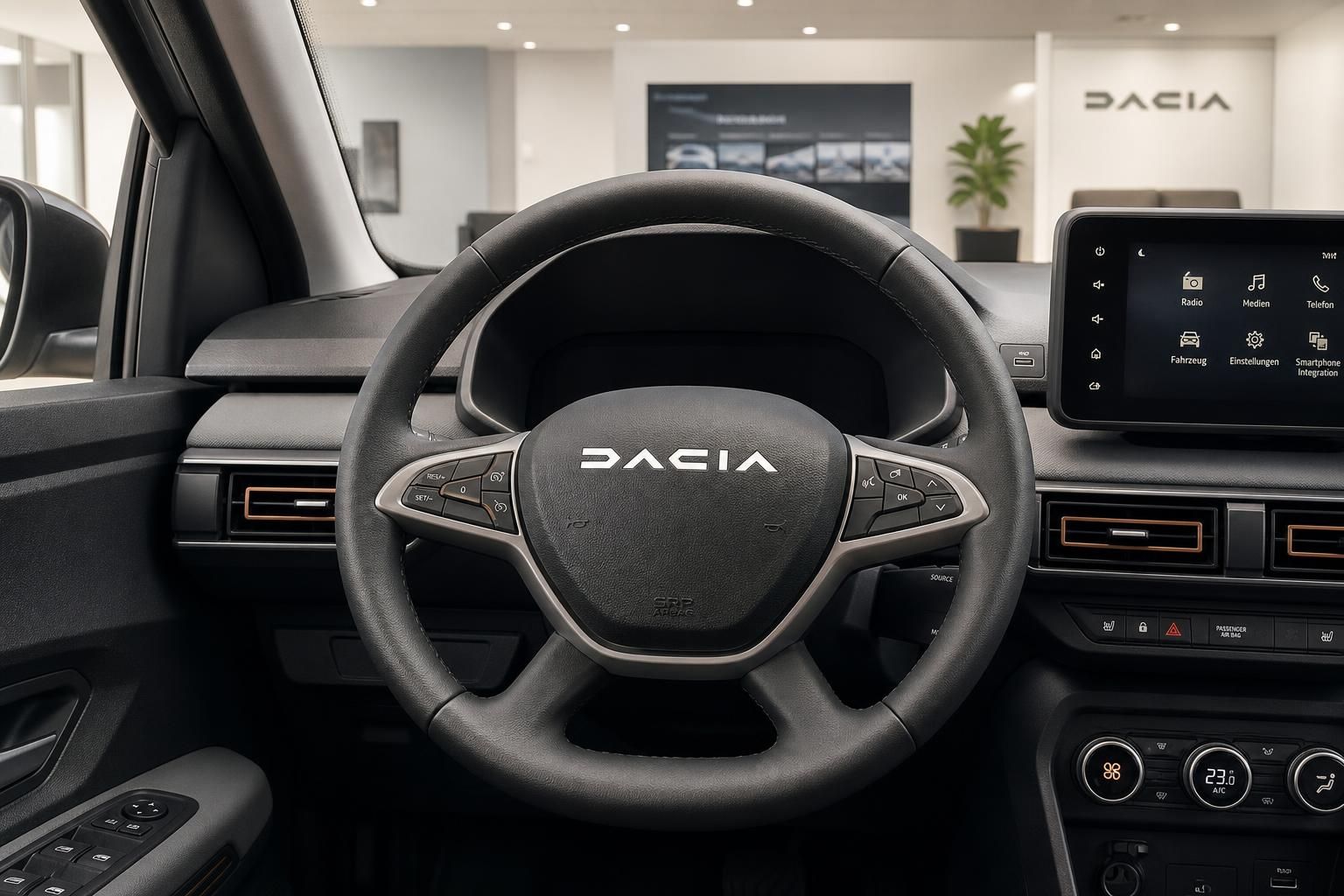 Dacia Cockpit mit Lenkrad, Touchscreen-Display und modernem Armaturenbrett