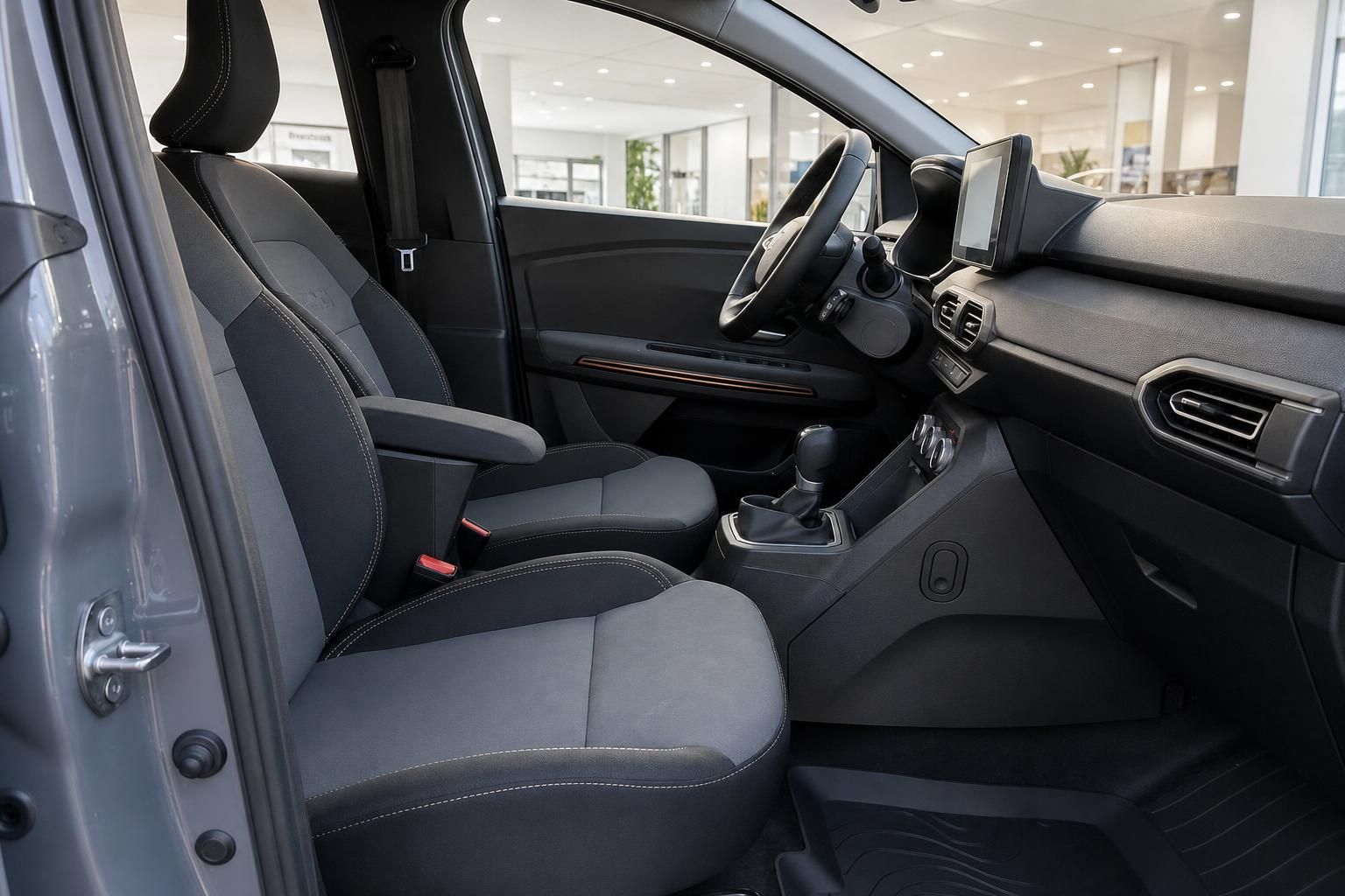Dacia Fahrzeug Innenraum mit grauen Sitzen und modernem Cockpit - Vordersitze und Armaturenbrett
