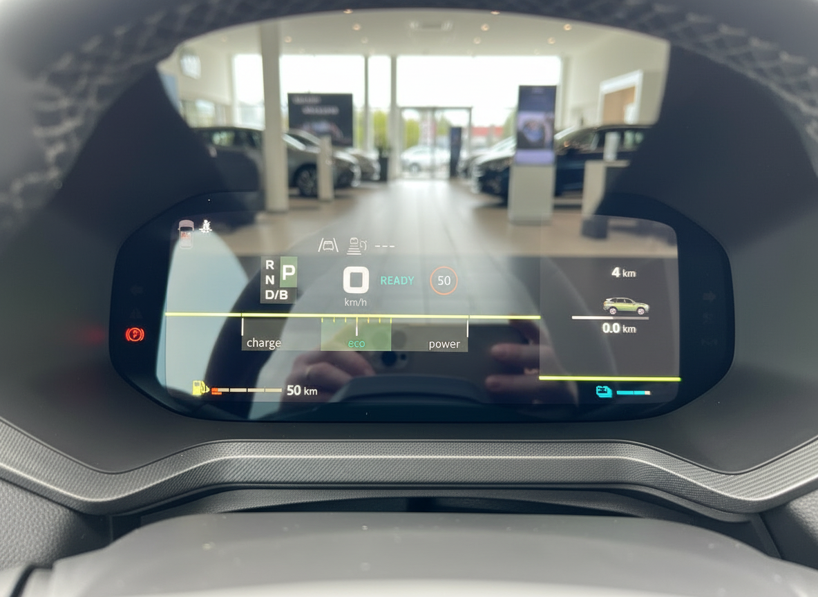 Digitales Kombiinstrument eines Skoda Hybrid-Fahrzeugs mit READY-Anzeige und Eco-Modus im Autohaus