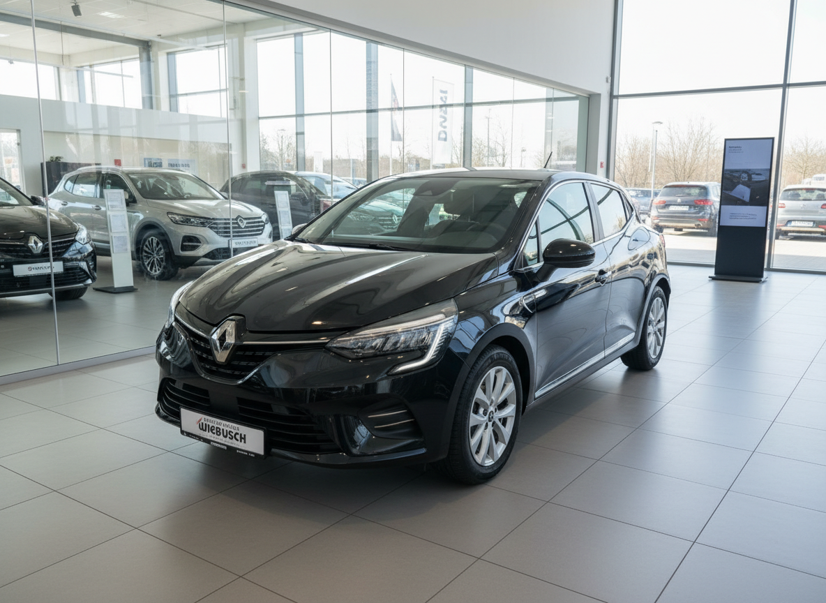 Schwarzer Renault Clio V im Autohaus Wiebusch Showroom, Frontansicht