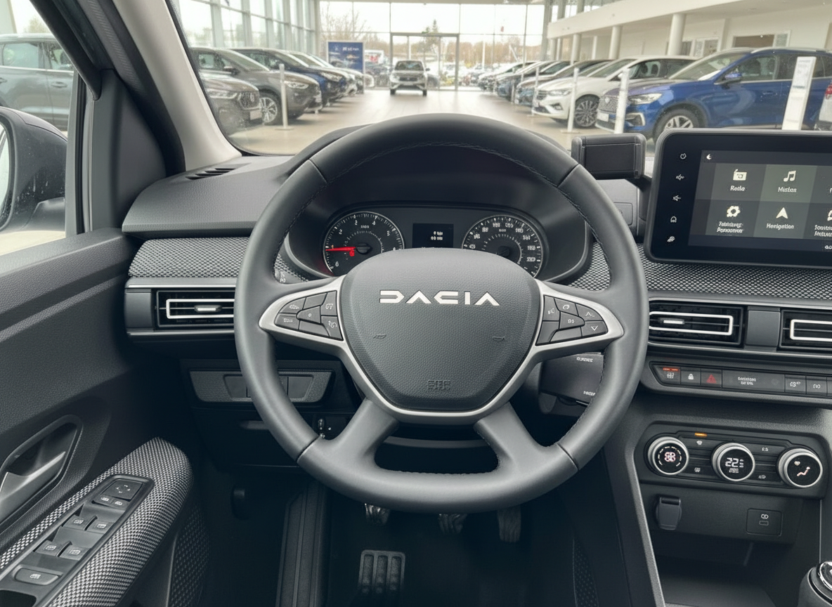 Dacia Innenraum Cockpit mit Lenkrad, Tacho und Infotainment-Display im Autohaus