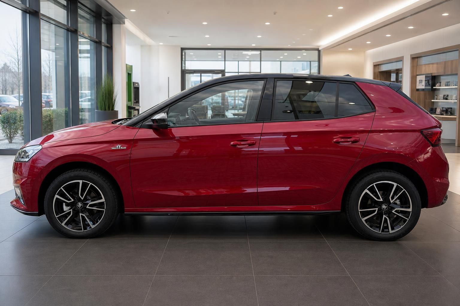 Roter Skoda Fabia Seitenansicht rechts in Flugzeughalle mit Panoramadach und Sportfelgen