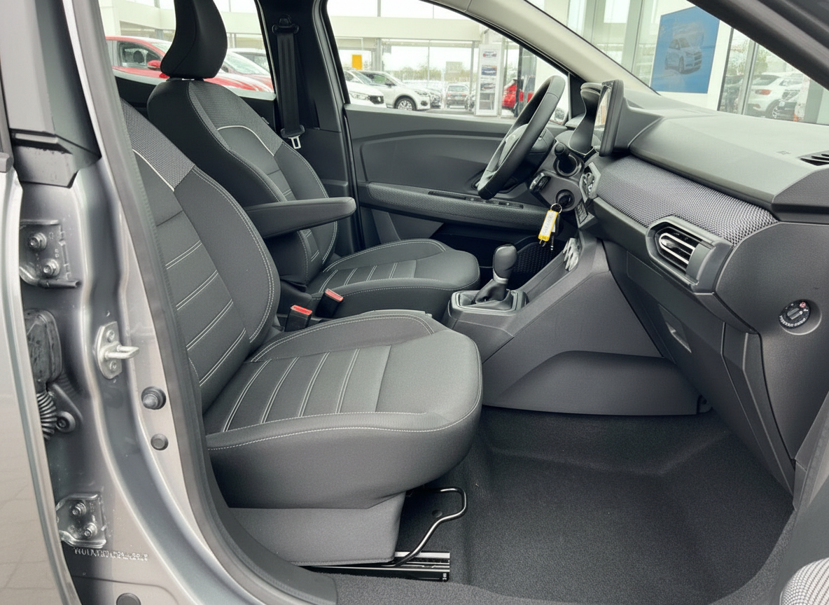 Innenraum Fahrerseite mit grauen Stoffsitzen, Schaltgetriebe und modernem Armaturenbrett im Autohaus