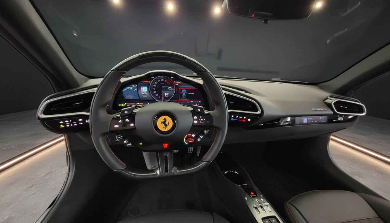 Ferrari Innenraum Cockpit mit Lenkrad, digitalem Kombiinstrument und modernem Armaturenbrett