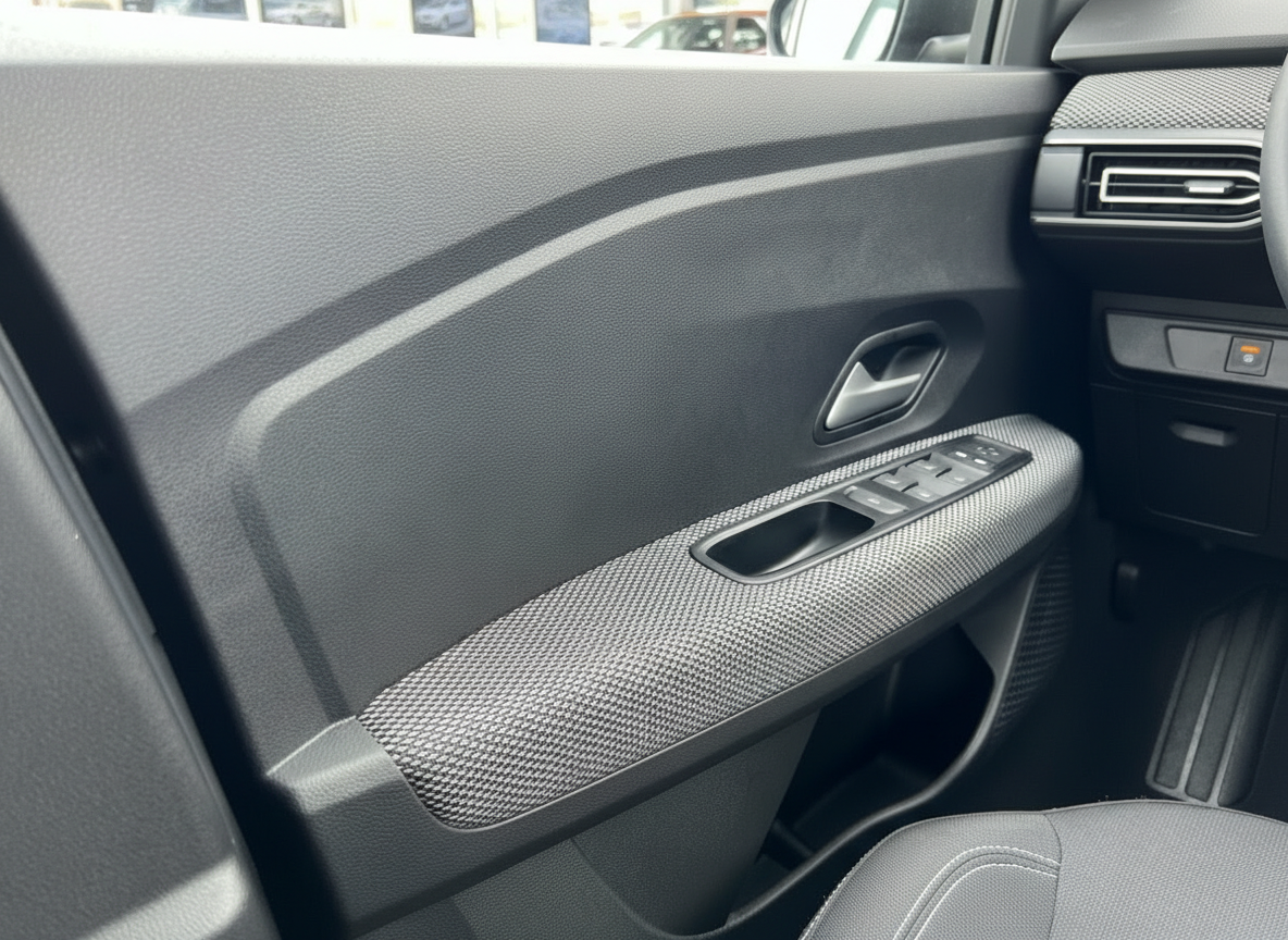 Fahrzeuginnenraum Fahrertür mit Fensterheber-Bedienfeld und Türgriff in schwarz-grauem Design