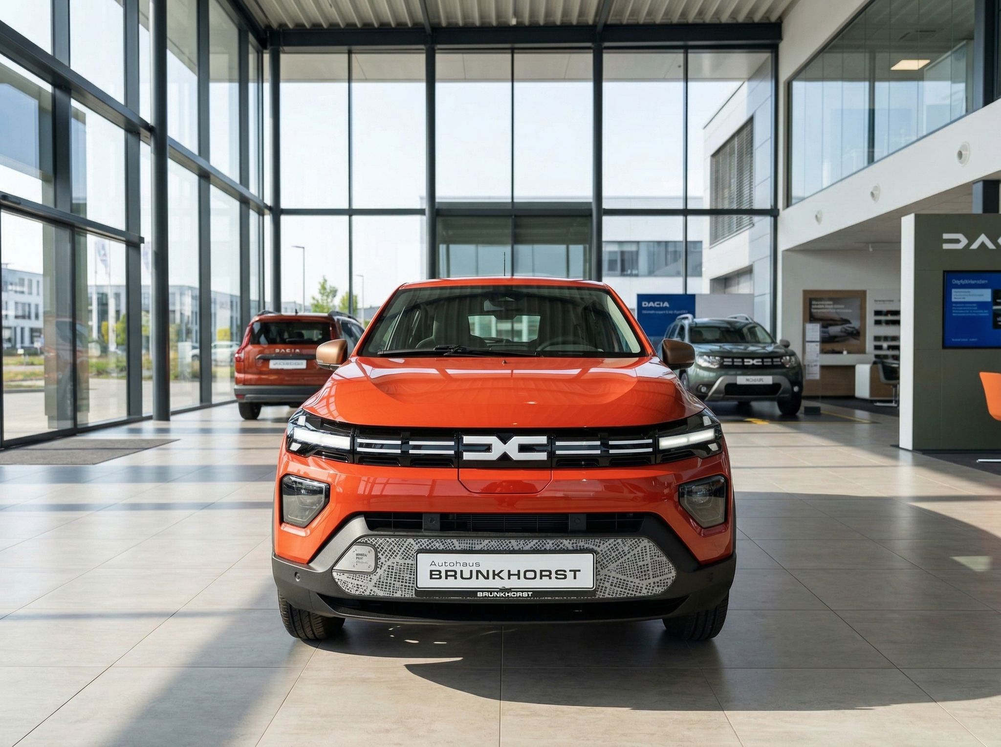 Dacia Spring Elektroauto Frontansicht in Orange - Kompakter SUV im Autohaus Showroom