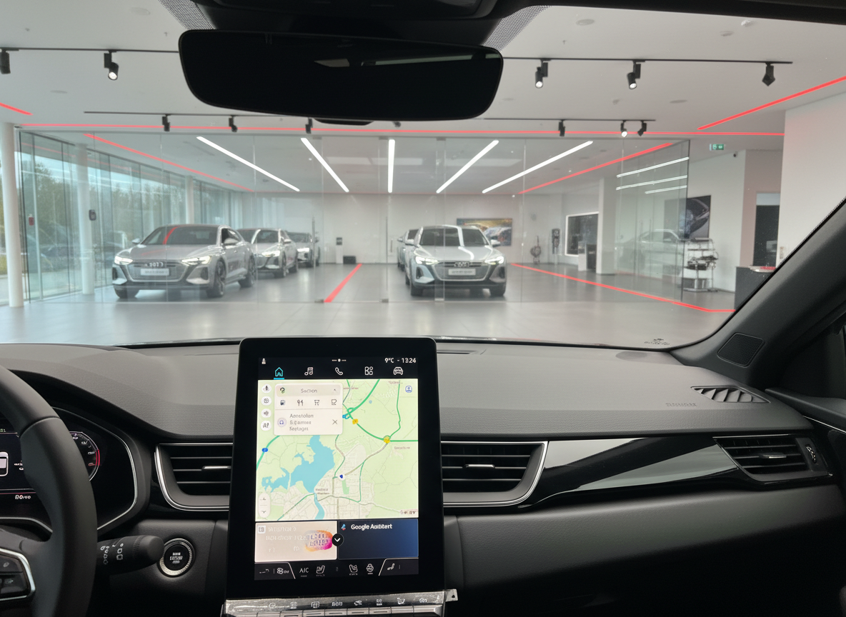 Audi Innenraum mit MMI-Touchscreen und Blick auf Audi-Showroom mit elektrischen Fahrzeugen