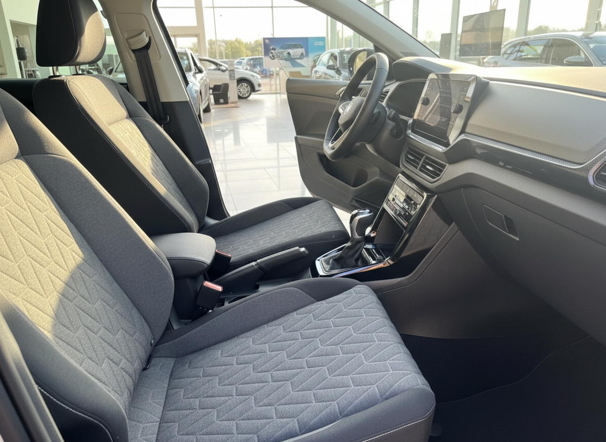 Volkswagen T-Cross Innenraum mit grauen Stoffsitzen, Automatikgetriebe und Touchscreen-Infotainment im Autohaus