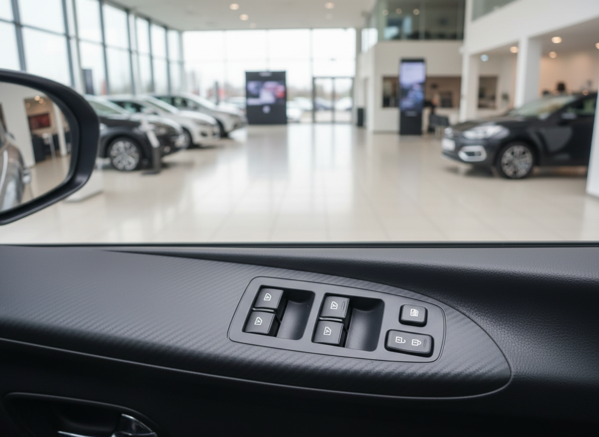 Fahrzeuginnenraum Fahrerseite mit Fensterheber-Schaltern und Außenspiegel in modernem Autohaus