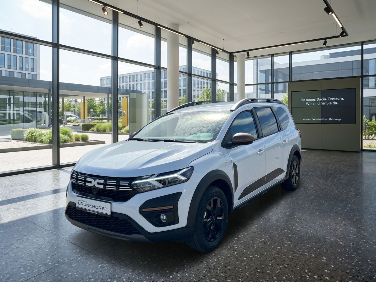 Dacia Jogger weiß Schrägansicht vorne im Autohaus-Showroom mit großen Fenstern
