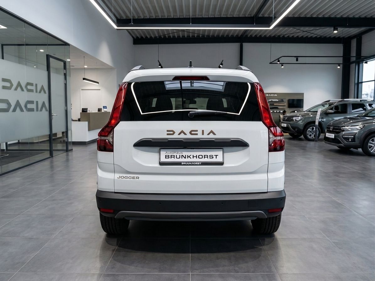 Dacia Jogger weiß Heckansicht im modernen Autohaus-Showroom mit Dacia Logo
