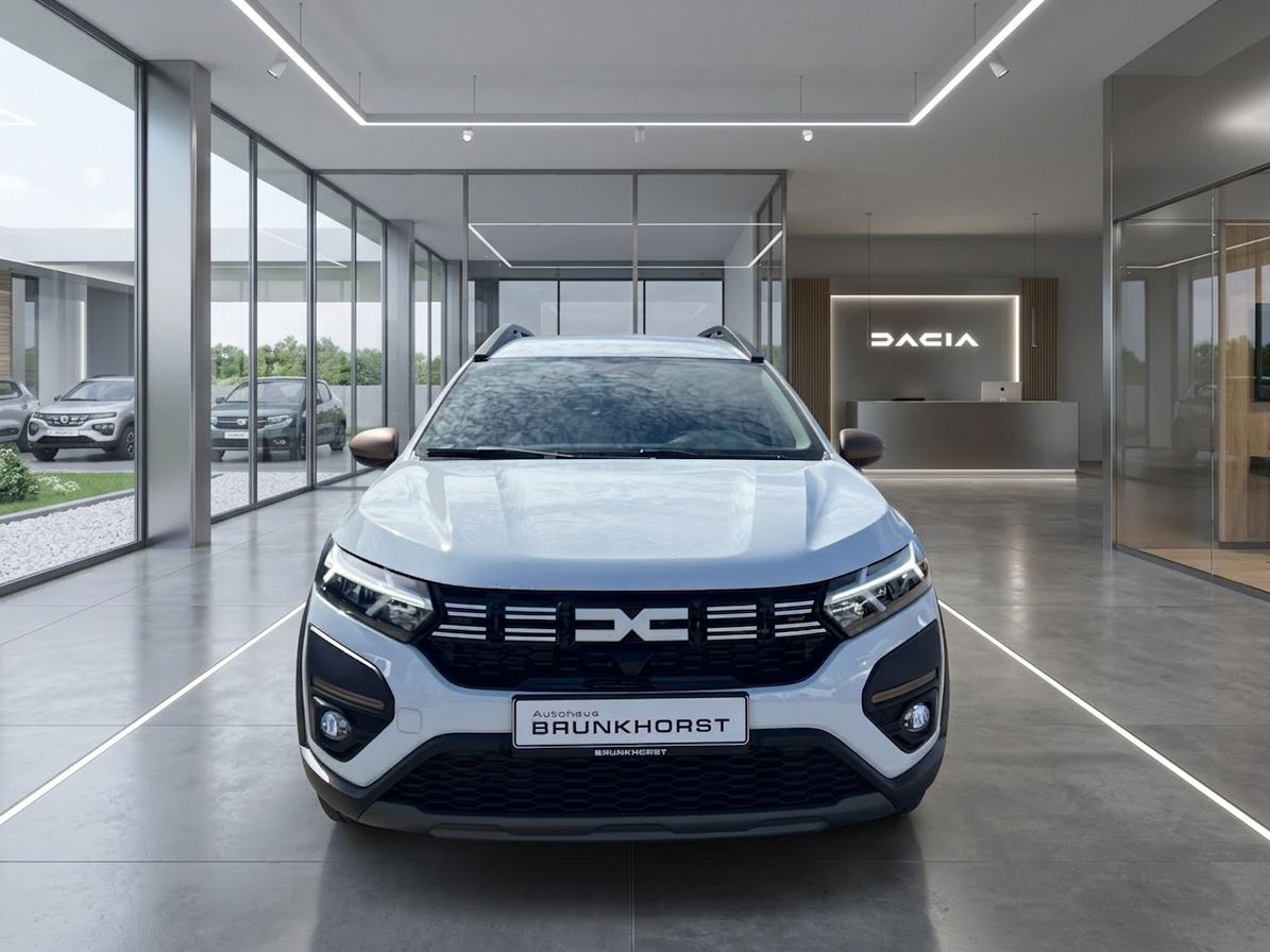 Dacia Jogger weiß Frontansicht im eleganten Showroom mit Dacia Branding