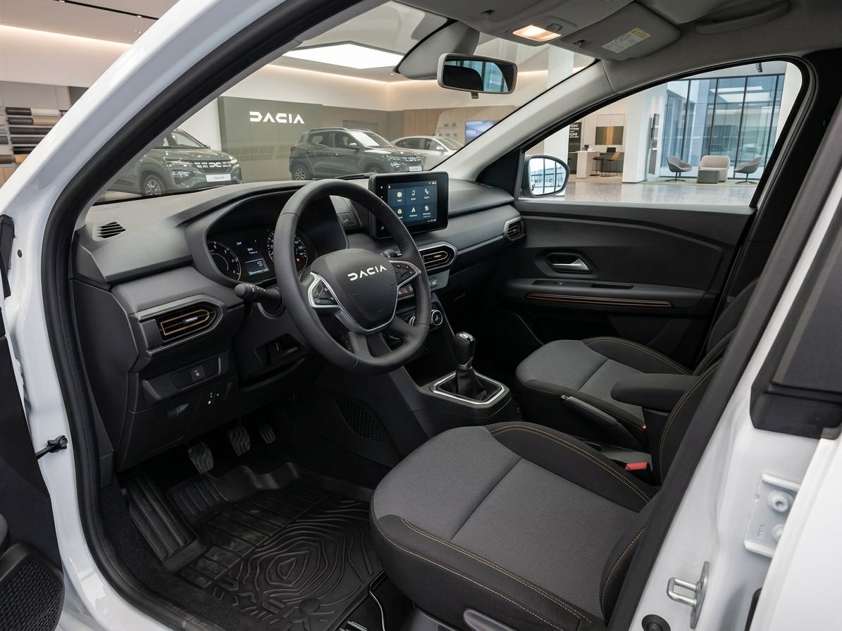 Dacia Jogger Innenraum Cockpit mit Touchscreen, Lenkrad und schwarzer Ausstattung