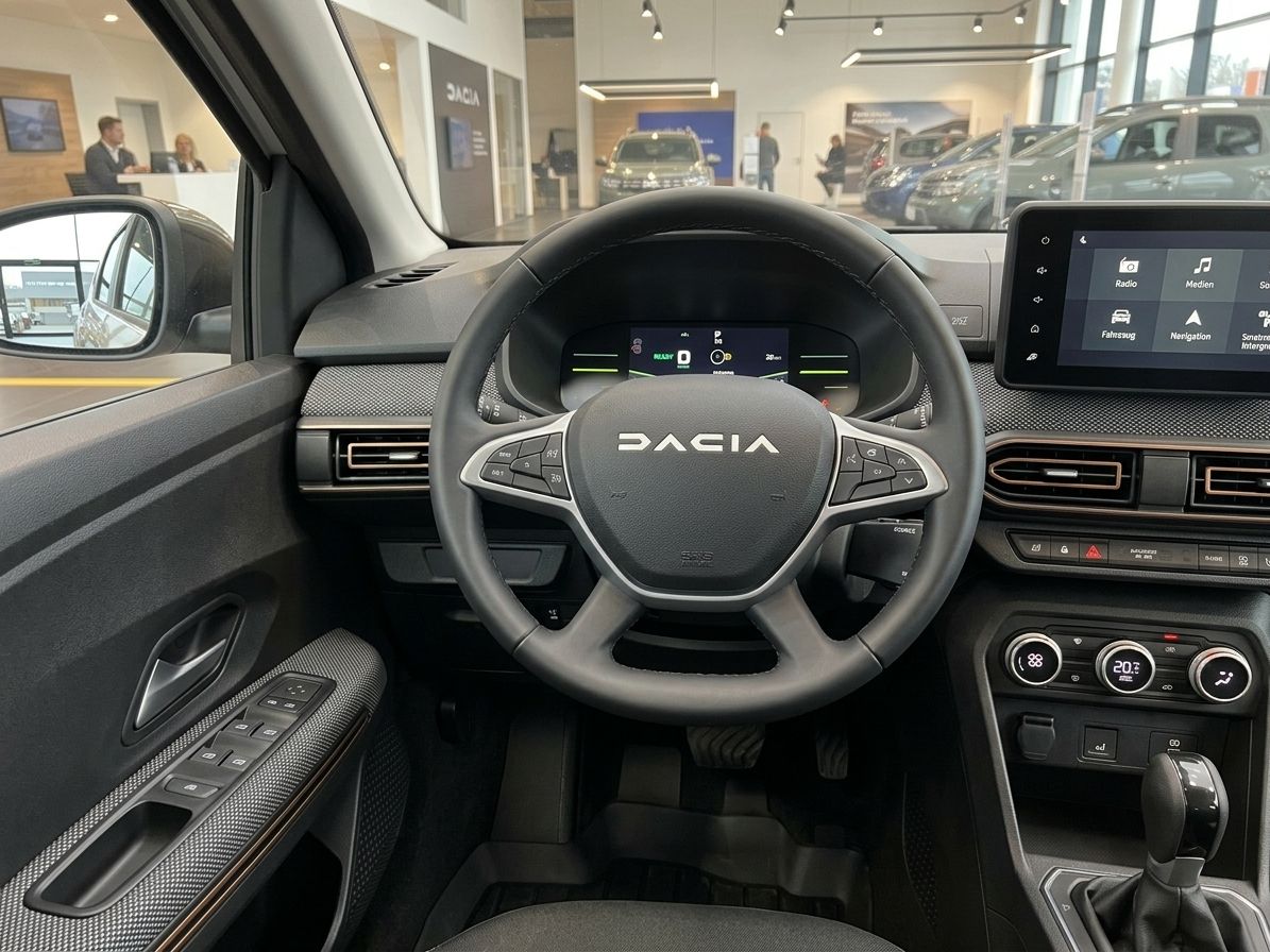 Dacia Cockpit mit Lenkrad, digitalen Anzeigen und Touchscreen in modernem Autohaus
