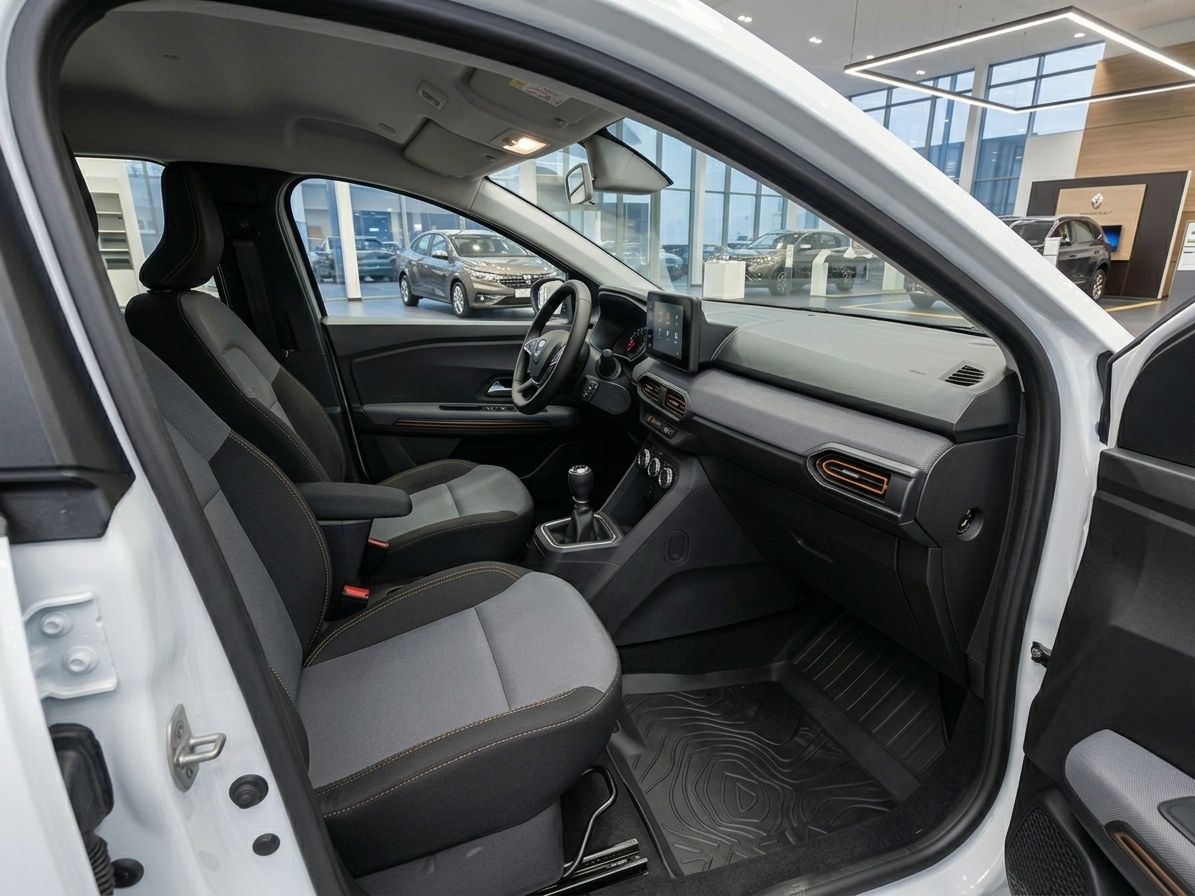 Dacia Fahrgastraum mit Fahrer- und Beifahrersitz, Mittelkonsole und Schaltgetriebe
