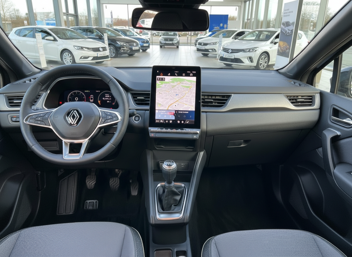 Renault Arkana Innenraum mit großem Touchscreen-Navi, Lederlenkrad und Schaltgetriebe im Autohaus
