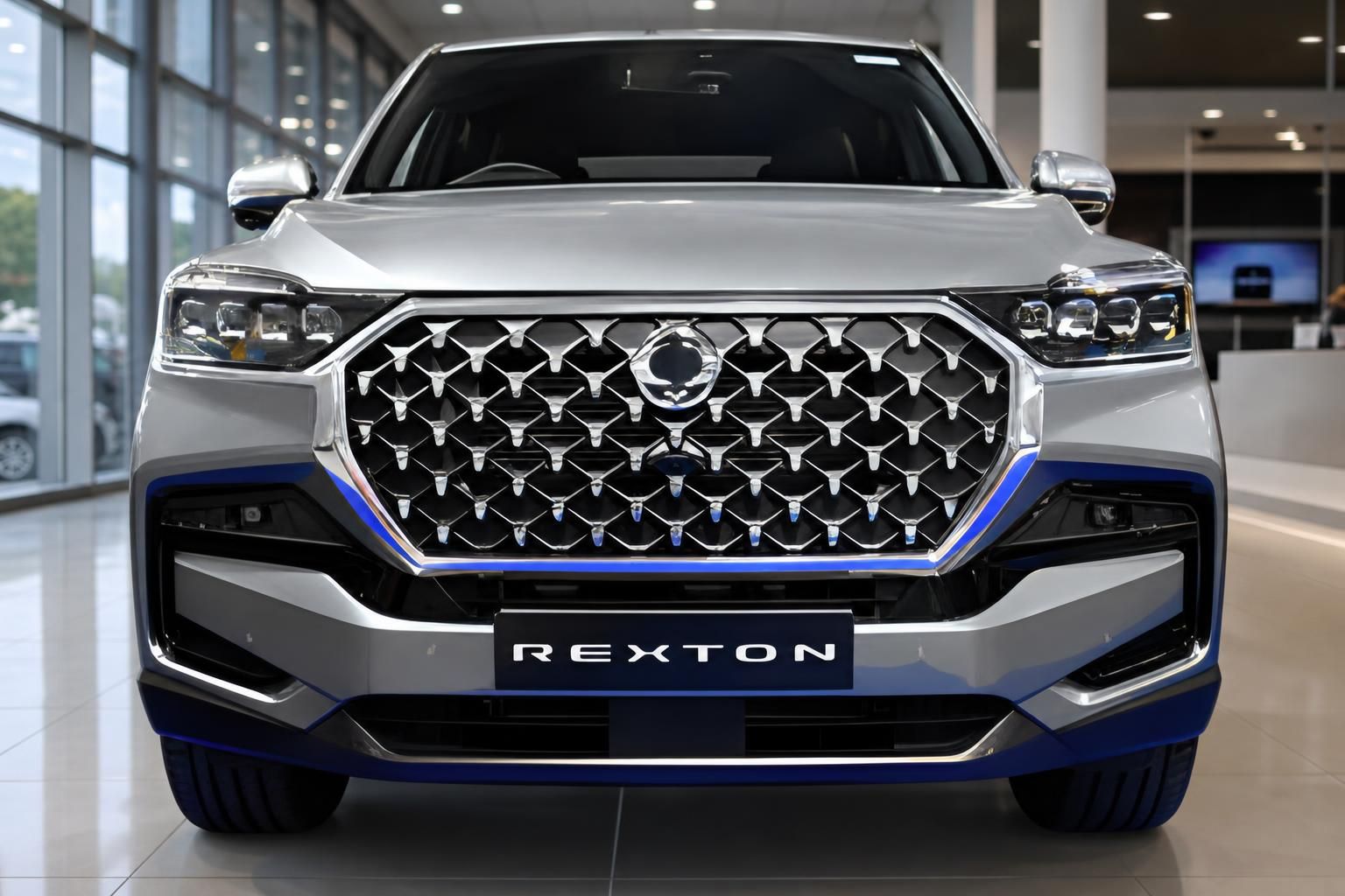 SsangYong Rexton Frontdetail mit Diamantgrill und blauem Akzent – Nahaufnahme im Autohaus