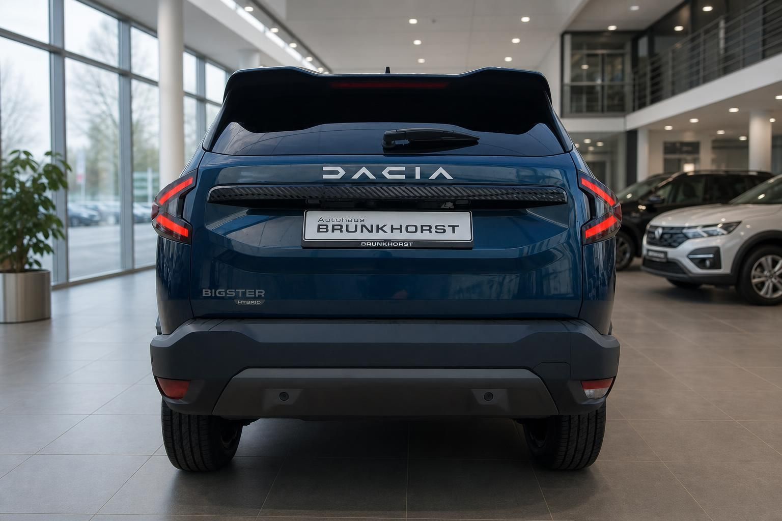 Dacia Bigster blau Heckansicht LED-Rücklichter Autohaus Brunkhorst Kennzeichen Hybrid SUV