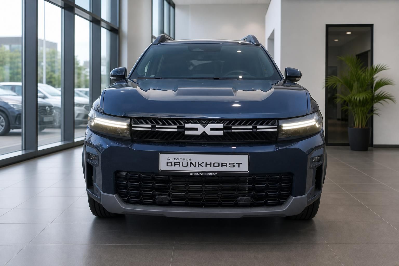Dacia Bigster blau Frontansicht LED-Scheinwerfer Kühlergrill Autohaus Brunkhorst Kennzeichen