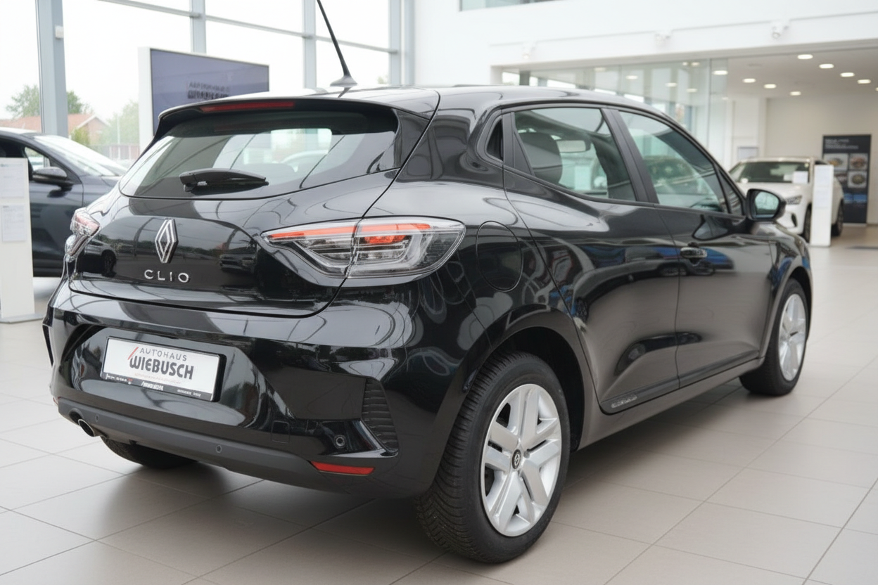 Schwarzer Renault Clio V Heckansicht im Autohaus Wiebusch Showroom