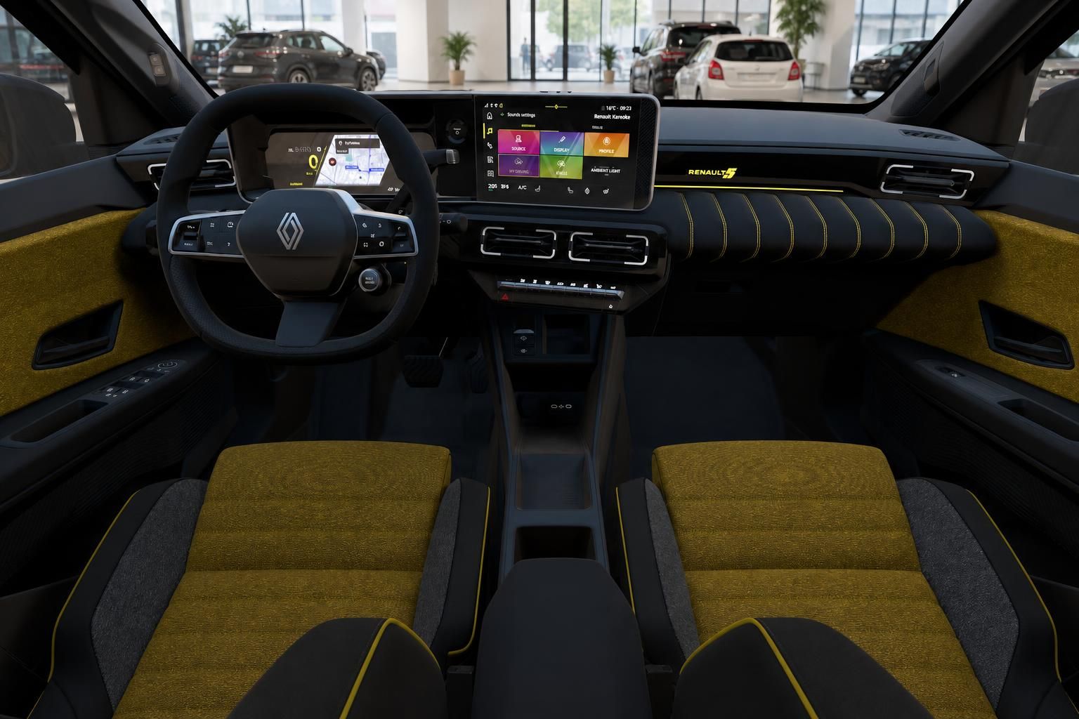 Renault 5 E-Tech Electric Innenraum mit gelbem Stoffbezug und digitalem Cockpit