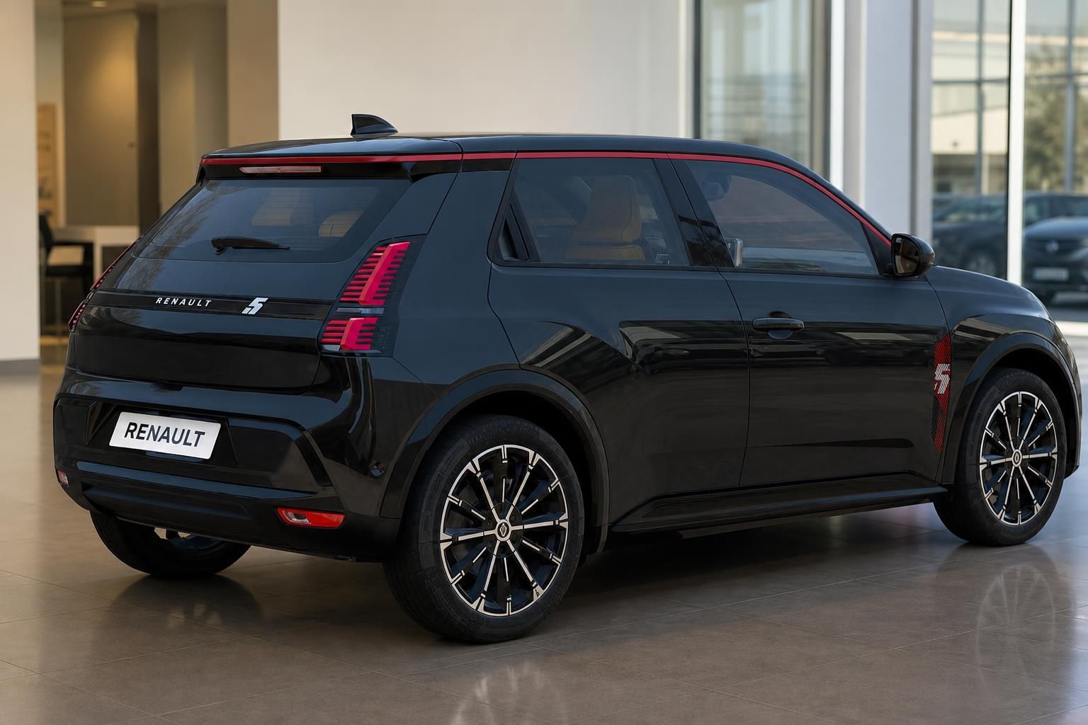 Renault 5 Elektroauto in schwarz mit roten Akzenten - Heckansicht im Autohaus-Showroom