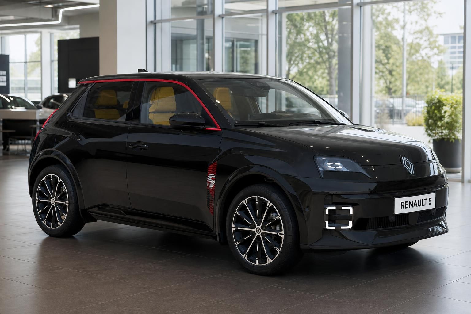 Renault 5 E-Auto in schwarz mit gelber Innenausstattung - Frontansicht im Showroom