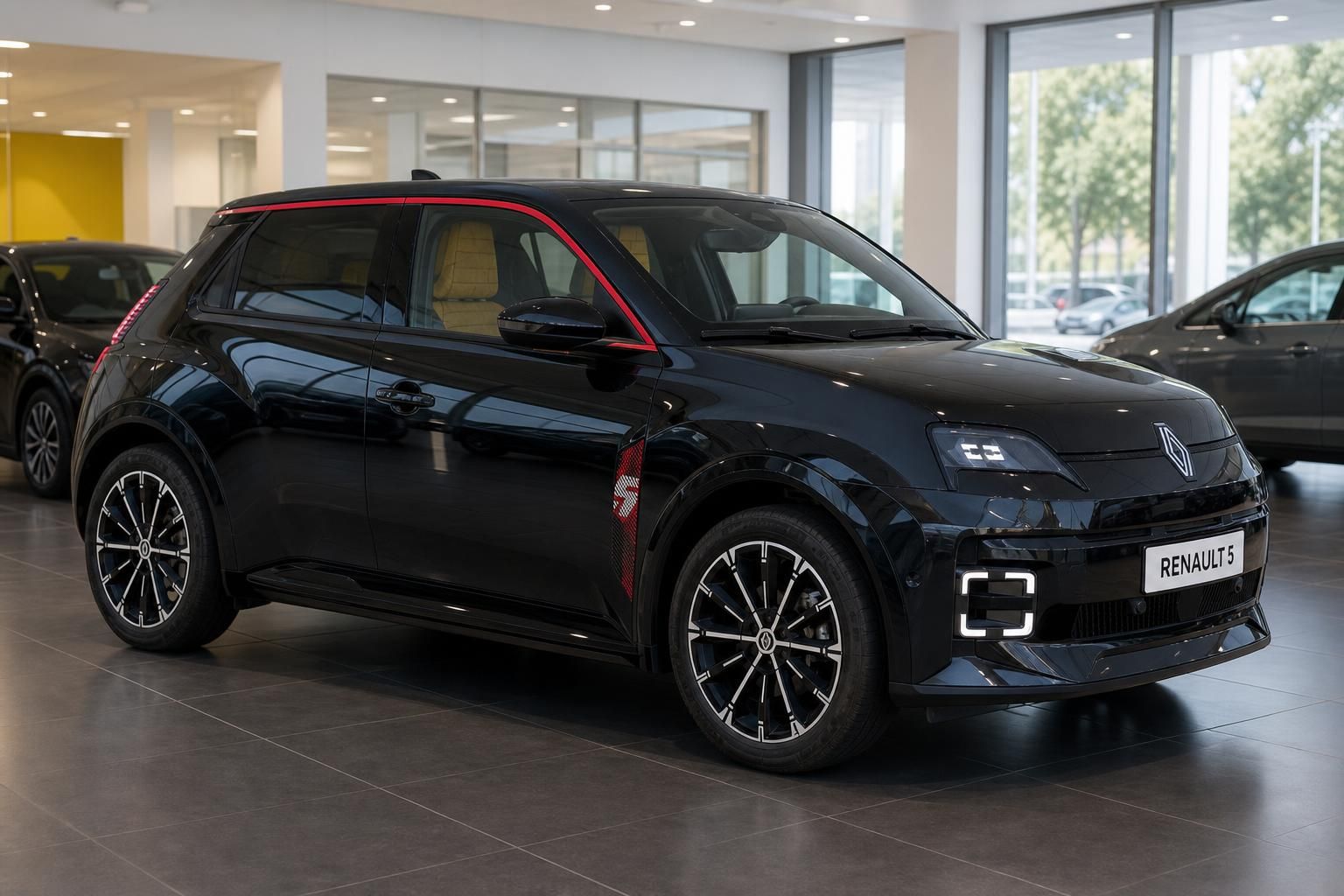 Renault 5 E-Auto in Schwarz, Dreiviertel-Ansicht vorne links im Autohaus mit LED-Scheinwerfern