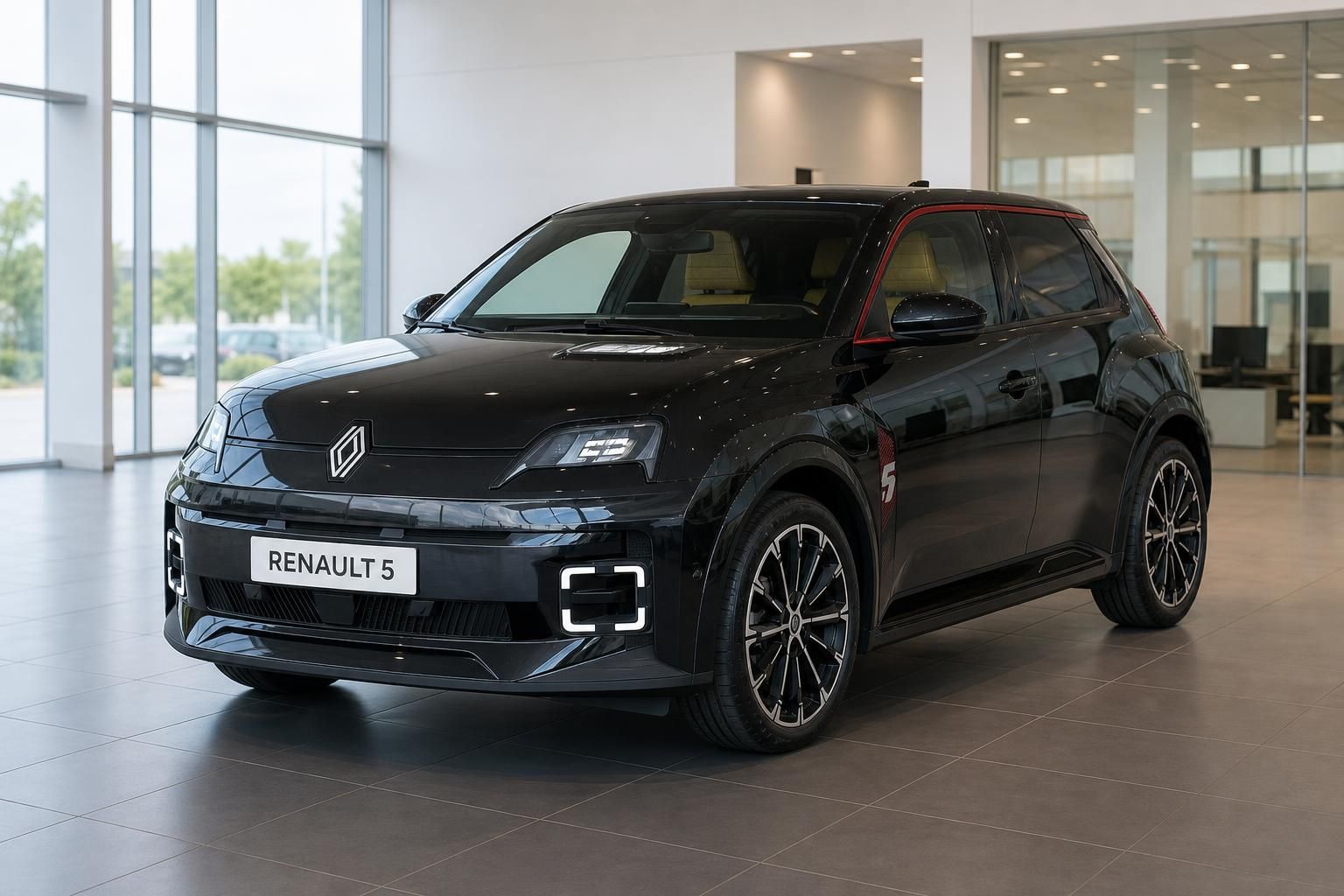 Renault 5 Elektrofahrzeug schwarz mit roten Details, Frontansicht im modernen Autohaus-Showroom