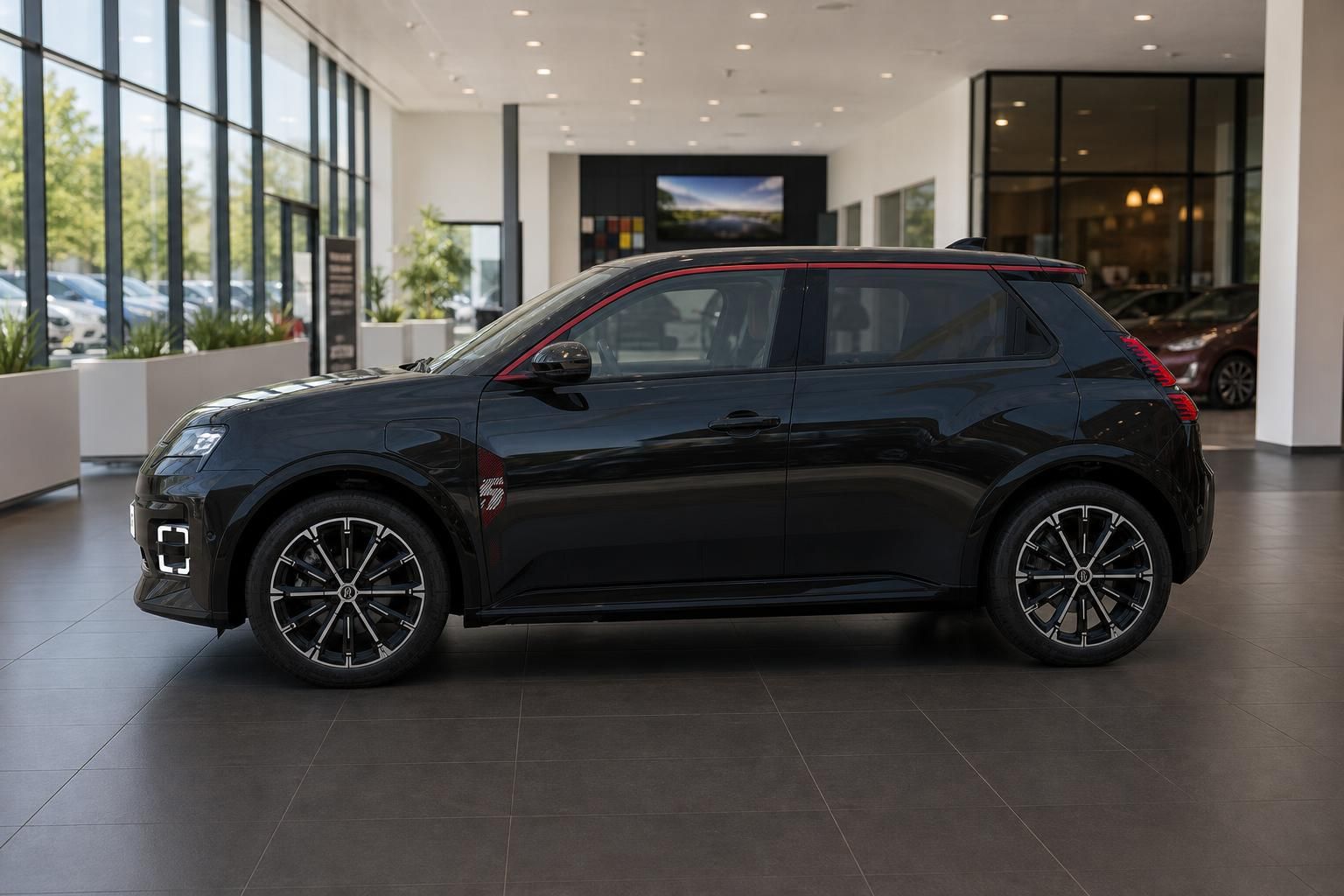 Renault 5 Elektroauto schwarz mit roten Akzenten, Seitenansicht links im hellen Autohaus-Showroom