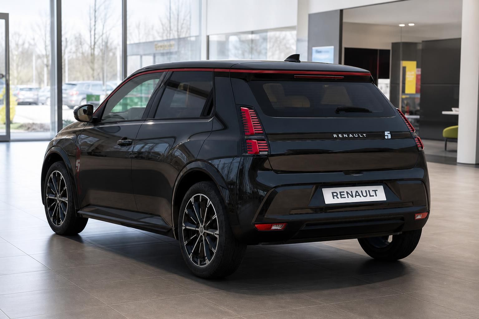 Renault 5 E-Auto in Schwarz, Heckansicht mit LED-Rückleuchten im Autohaus-Showroom