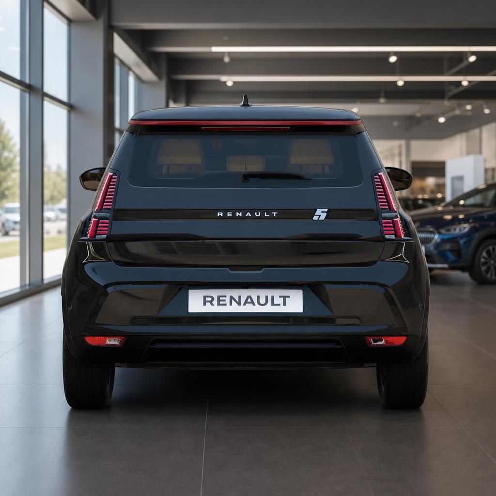 Renault 5 E-Tech Electric Heckansicht frontal, schwarzer Elektro-Kleinwagen im Showroom