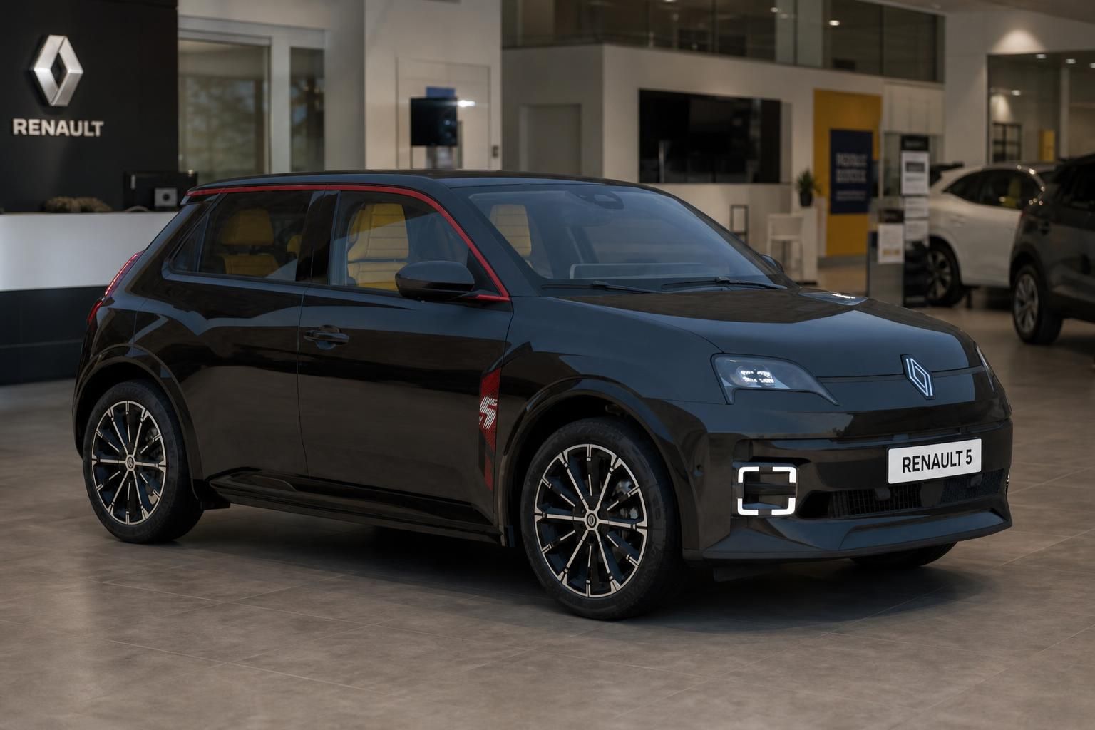 Renault 5 E-Tech Electric in Schwarz, seitliche Ansicht im Autohaus-Showroom