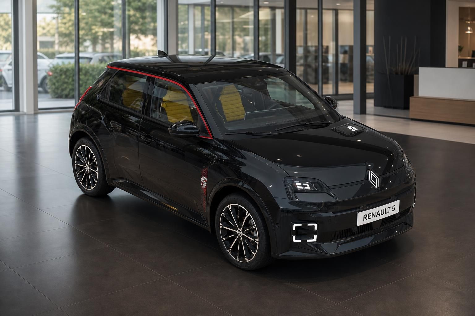 Renault 5 E-Tech Electric schwarzer Kleinwagen, Schrägansicht vorne im Autohaus