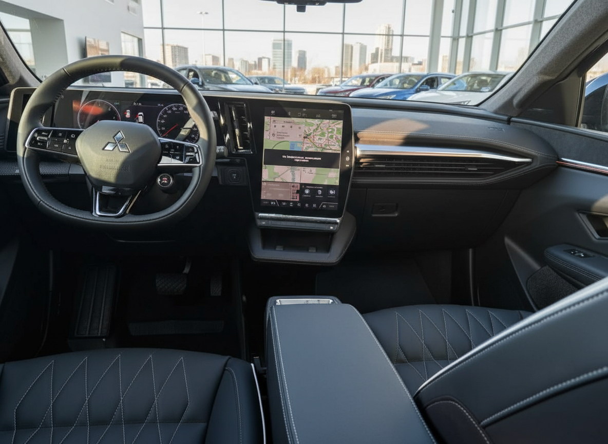 Mitsubishi Fahrzeug Innenraum mit großem Touchscreen-Navi, schwarzem Ledersitze und digitalem Cockpit