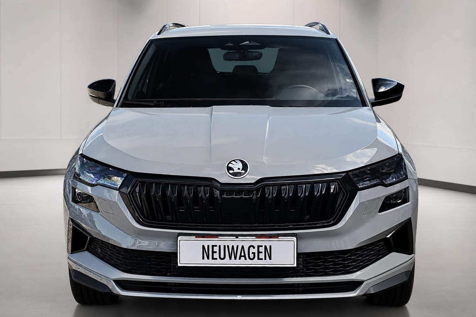 Skoda Karoq in Grau, Frontansicht im Studio