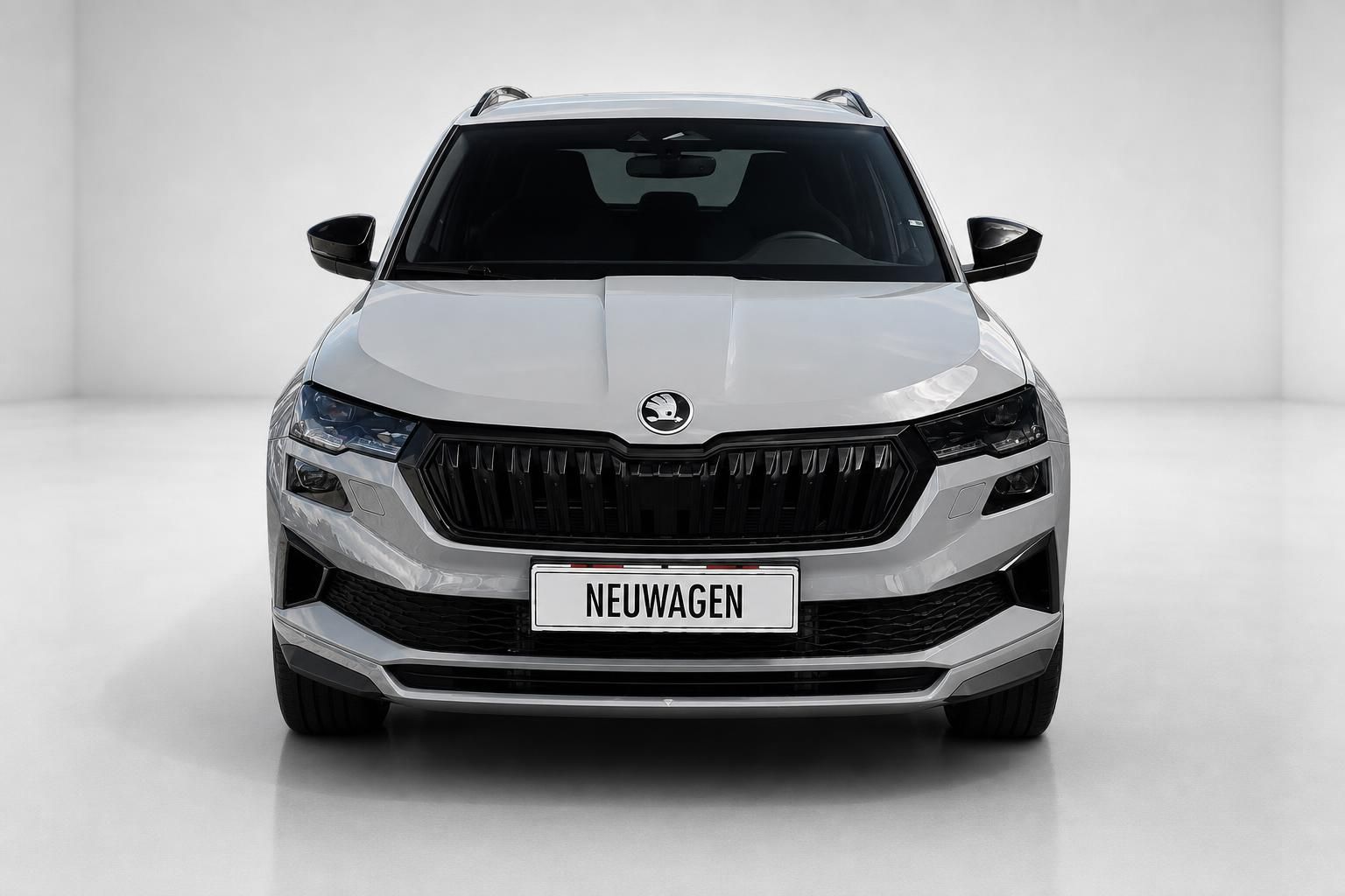 Skoda Karoq SUV Silber, Frontansicht mit Kuehlergrill Detail