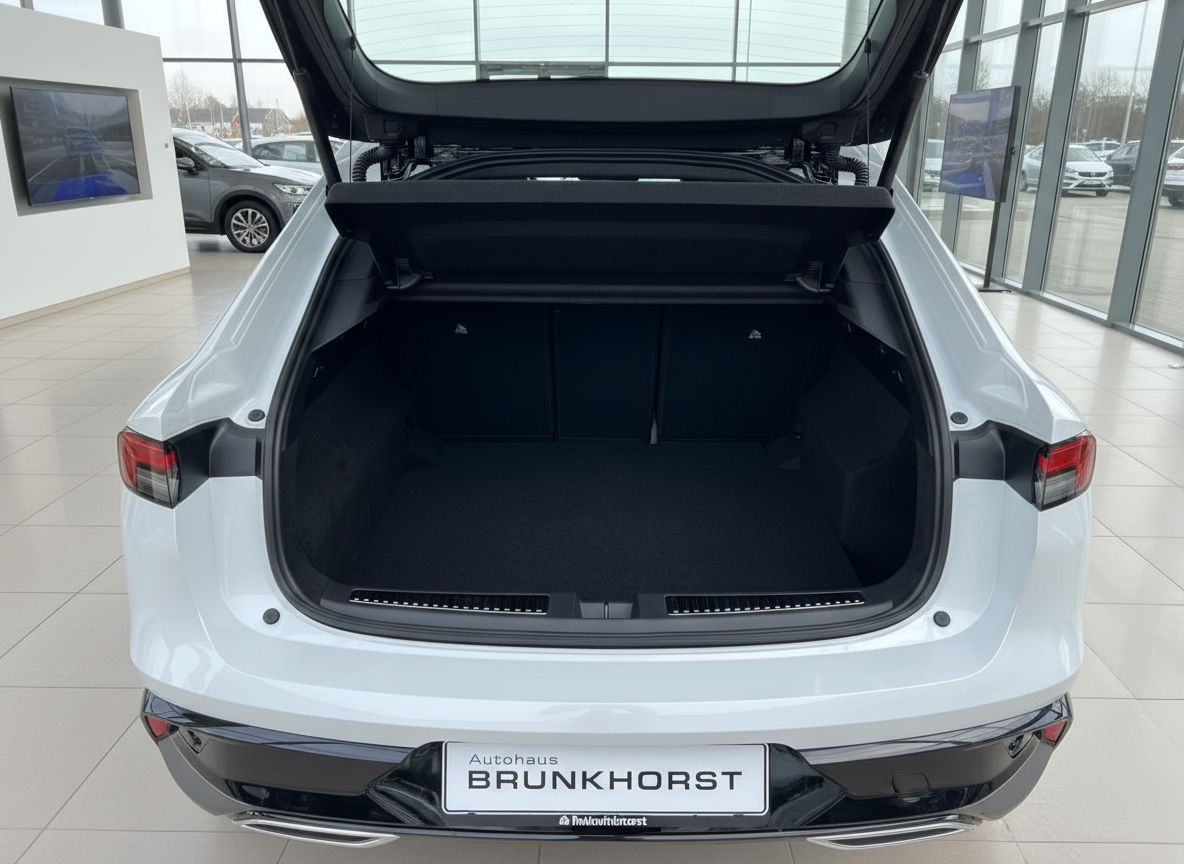 Weißes SUV Coupé mit geöffnetem Kofferraum im Autohaus Brunkhorst Showroom