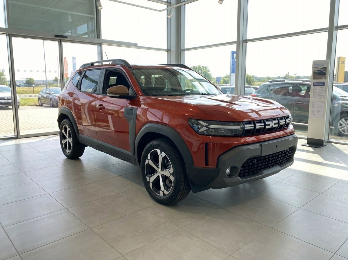 Neuer Dacia Duster in Terracotta-Orange im Autohaus Showroom – Frontansicht SUV