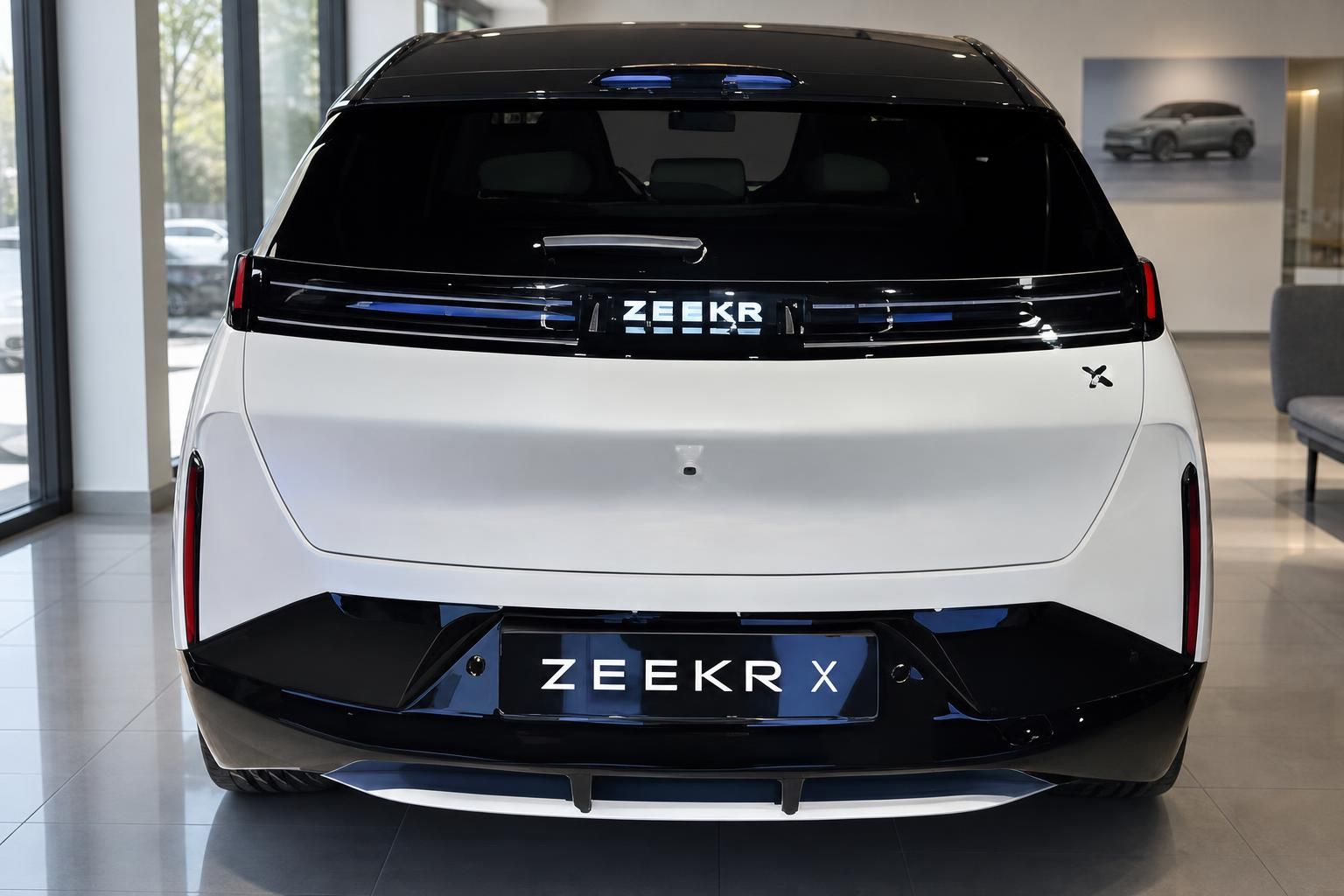 Zeekr X in Weiß, Heckansicht im Autohaus-Showroom