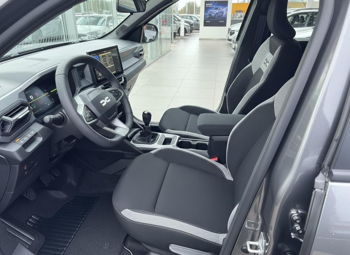 Dacia Innenraum mit Sportlenkrad, Infotainment-Display und schwarzen Stoffsitzen im Autohaus