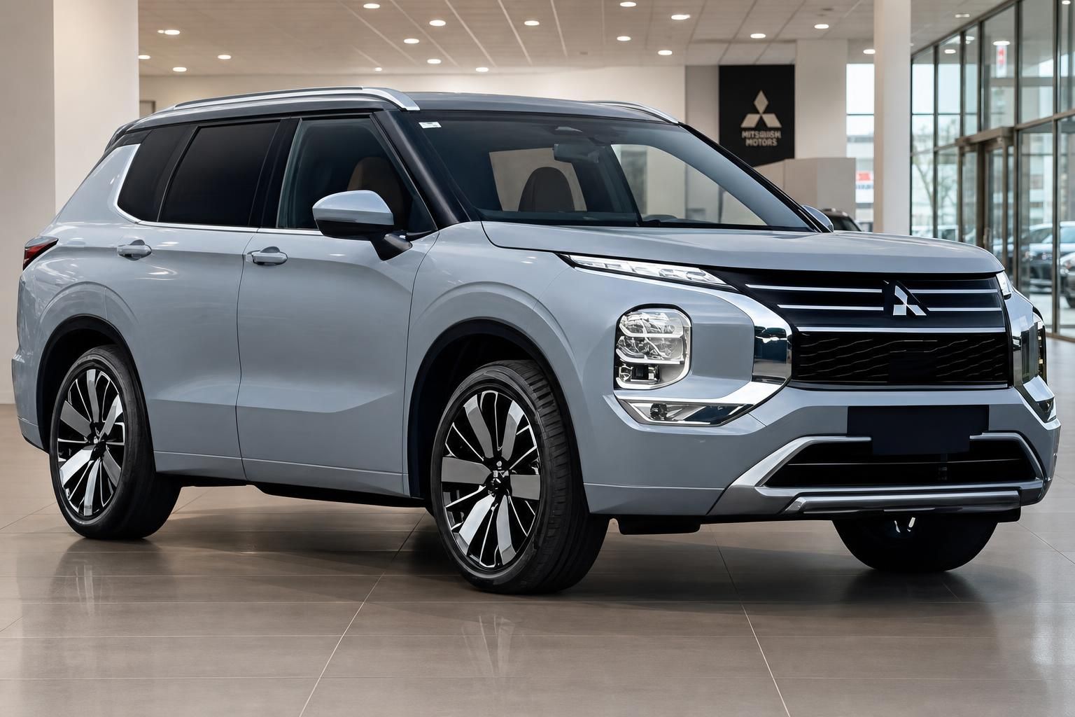 Mitsubishi SUV in Silber vor Autohaus mit Mitsubishi-Logo